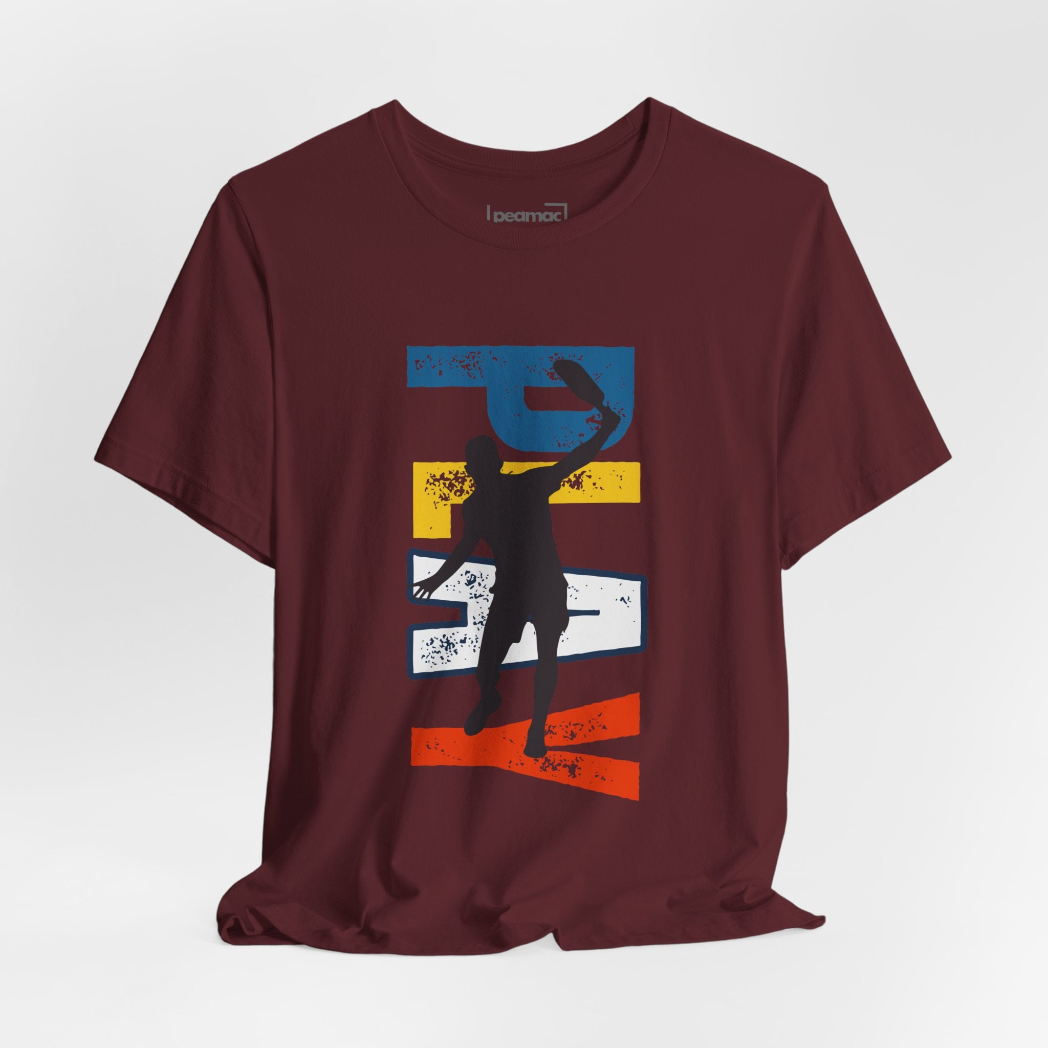 Men's Retro Pickleball Action T-shirt featuring a dynamic front silhouette and vertical "PICKLEBALL" text on the back.