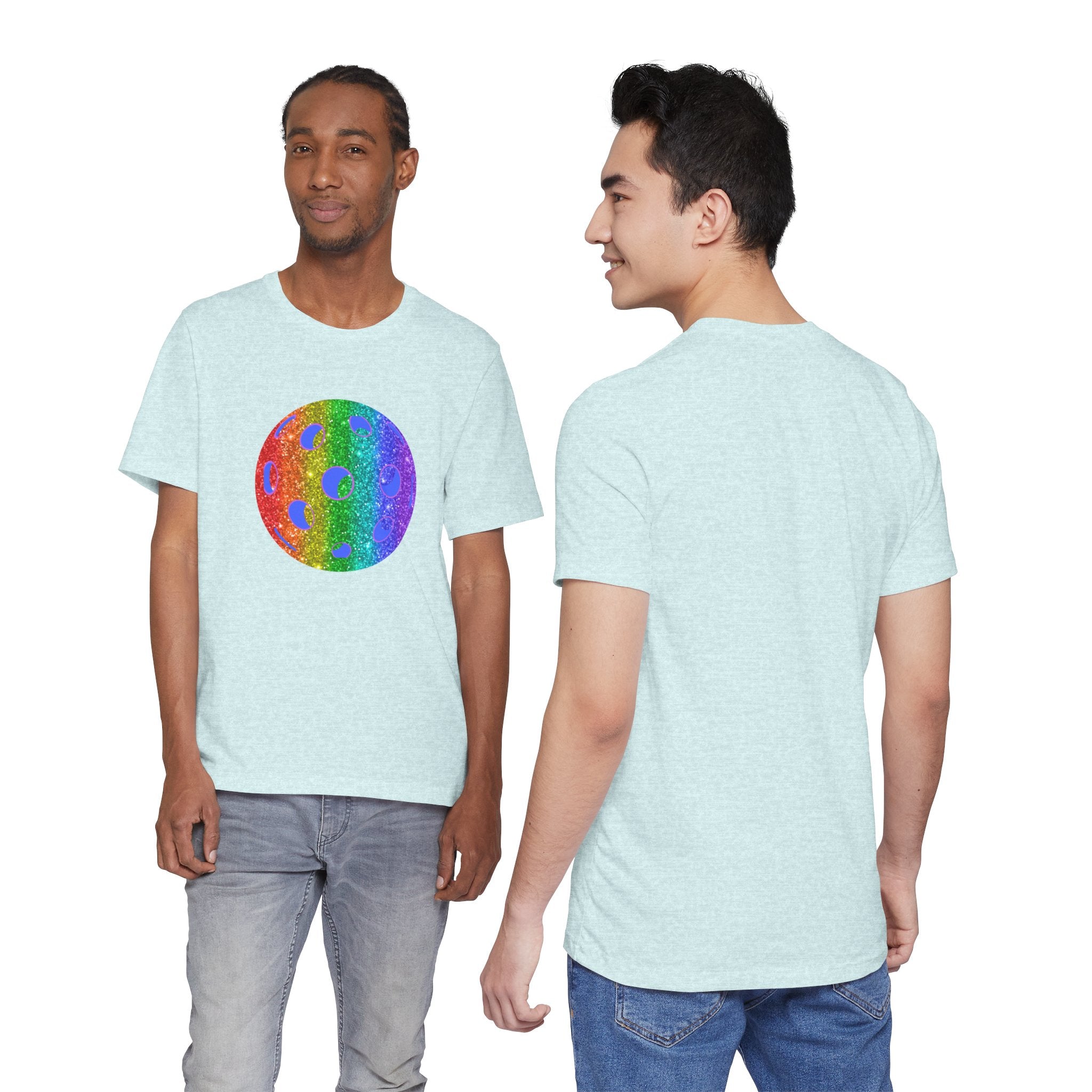 Rainbow glitter pickleball pride T-shirt featuring bold "Loud and Proud" text, designed for pride and sports enthusiasts.
