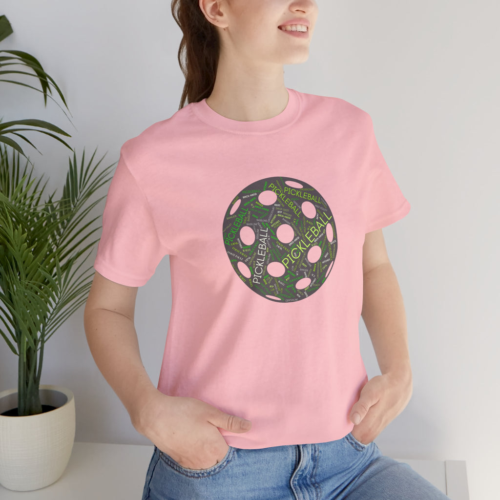 Pickleball Word Cloud T-Shirt with pickleball-shaped graphic, featuring words like Dink, Pickle, and Kitchen on a casual shirt.
