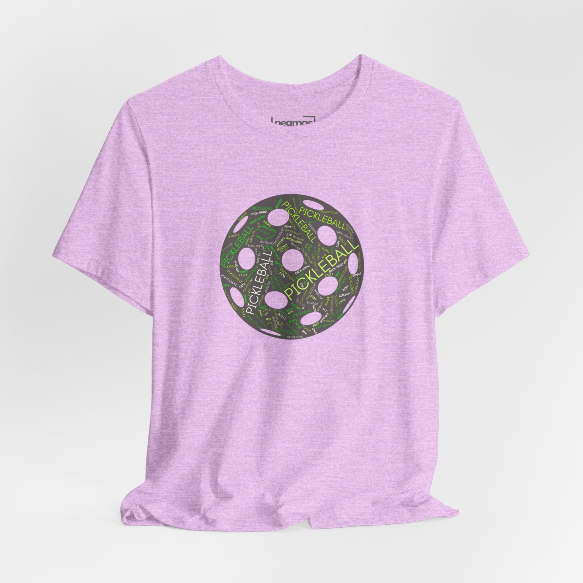 Pickleball Word Cloud T-Shirt with pickleball-shaped graphic featuring dink, pickle, and kitchen words on a casual tee.