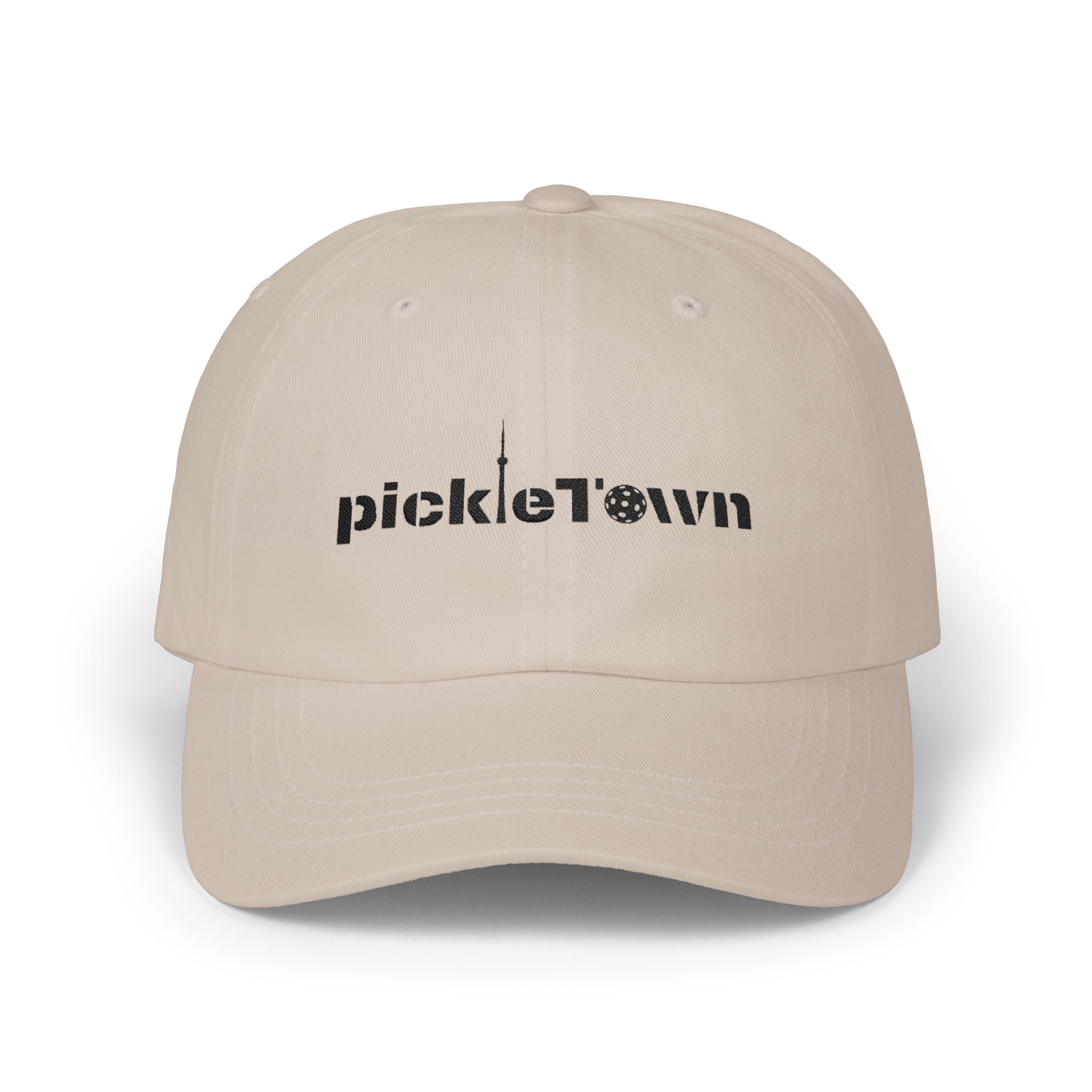 Embroidered PickleTown Toronto classic baseball hat in five colors with adjustable brass buckle, featuring detailed embroidery.