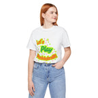 Neon orange and electric green pickleball rally T-shirt with court graphic from Printify, casual athletic wear for sports enthusiasts.