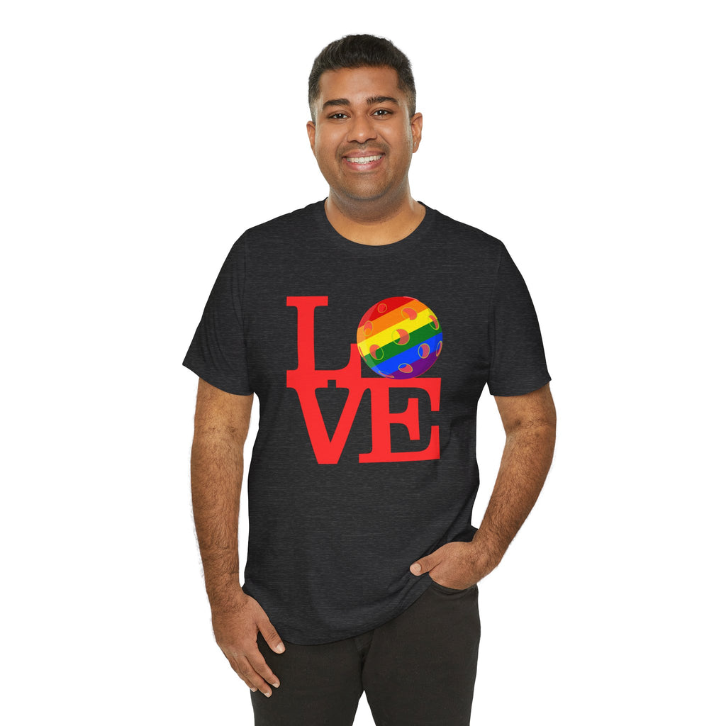 Rainbow LGBTQ2 Pride T-shirt featuring the LOVE Pickleball logo, vibrant colors, and comfortable cotton fabric.