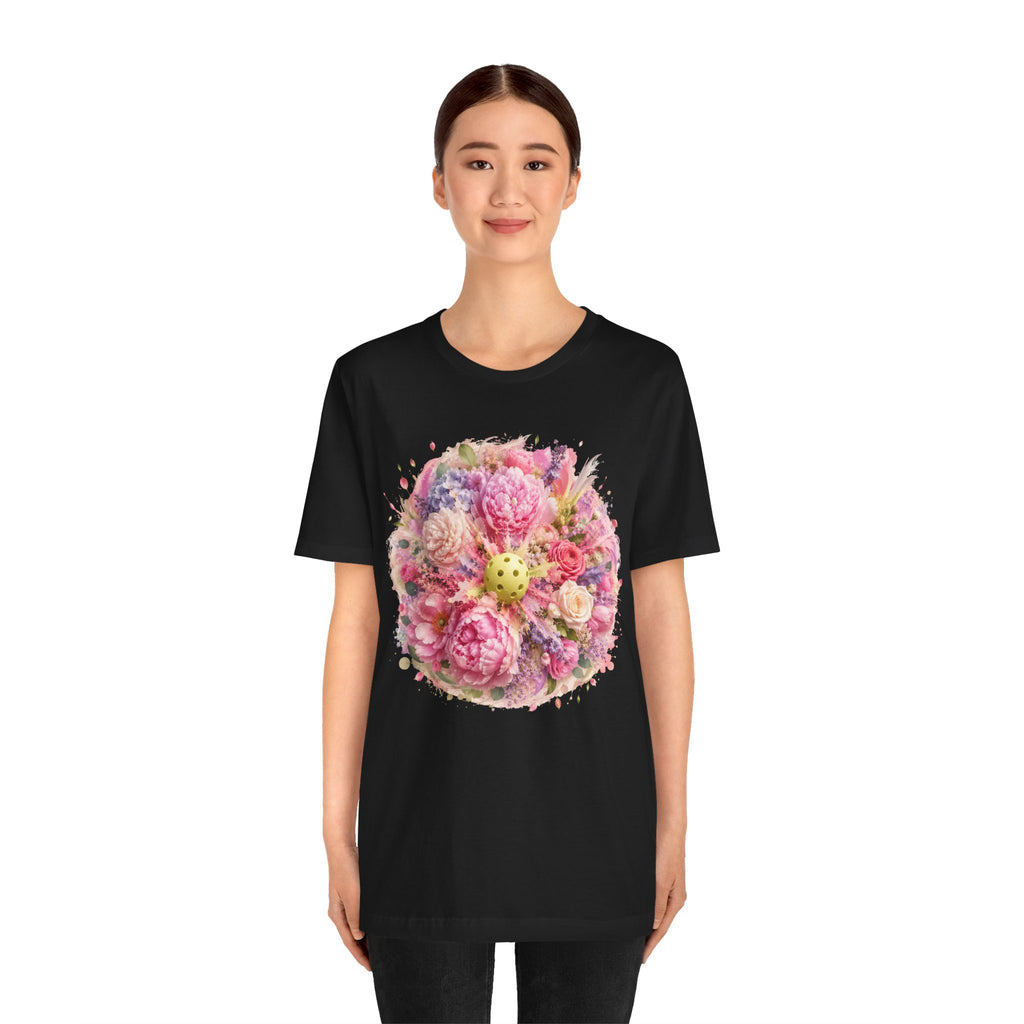 Peony Pickleball Tee by Printify, a unisex cotton T-shirt featuring a colorful peony pickleball design on white fabric.