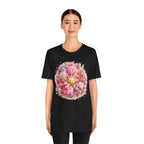 Peony Pickleball Tee by Printify, a unisex cotton T-shirt featuring a colorful peony pickleball design on white fabric.