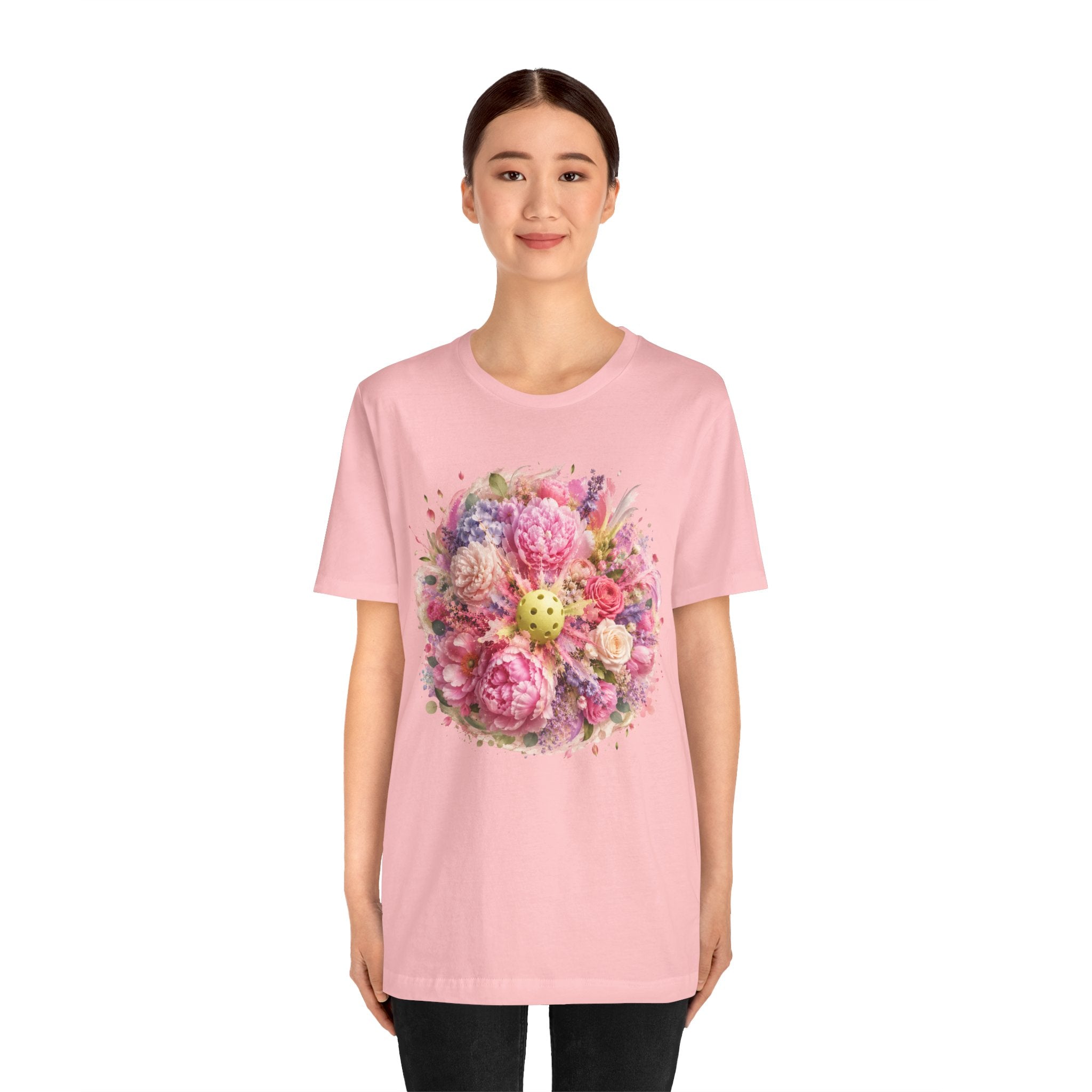 Peony Pickleball T-Shirt by Printify, unisex cotton tee featuring a colorful peony pickleball design on a casual shirt.
