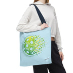Colorful Matrix Burst pickleball tote bag in green, yellow, and light blue, measuring 18x18 inches, by Printify.