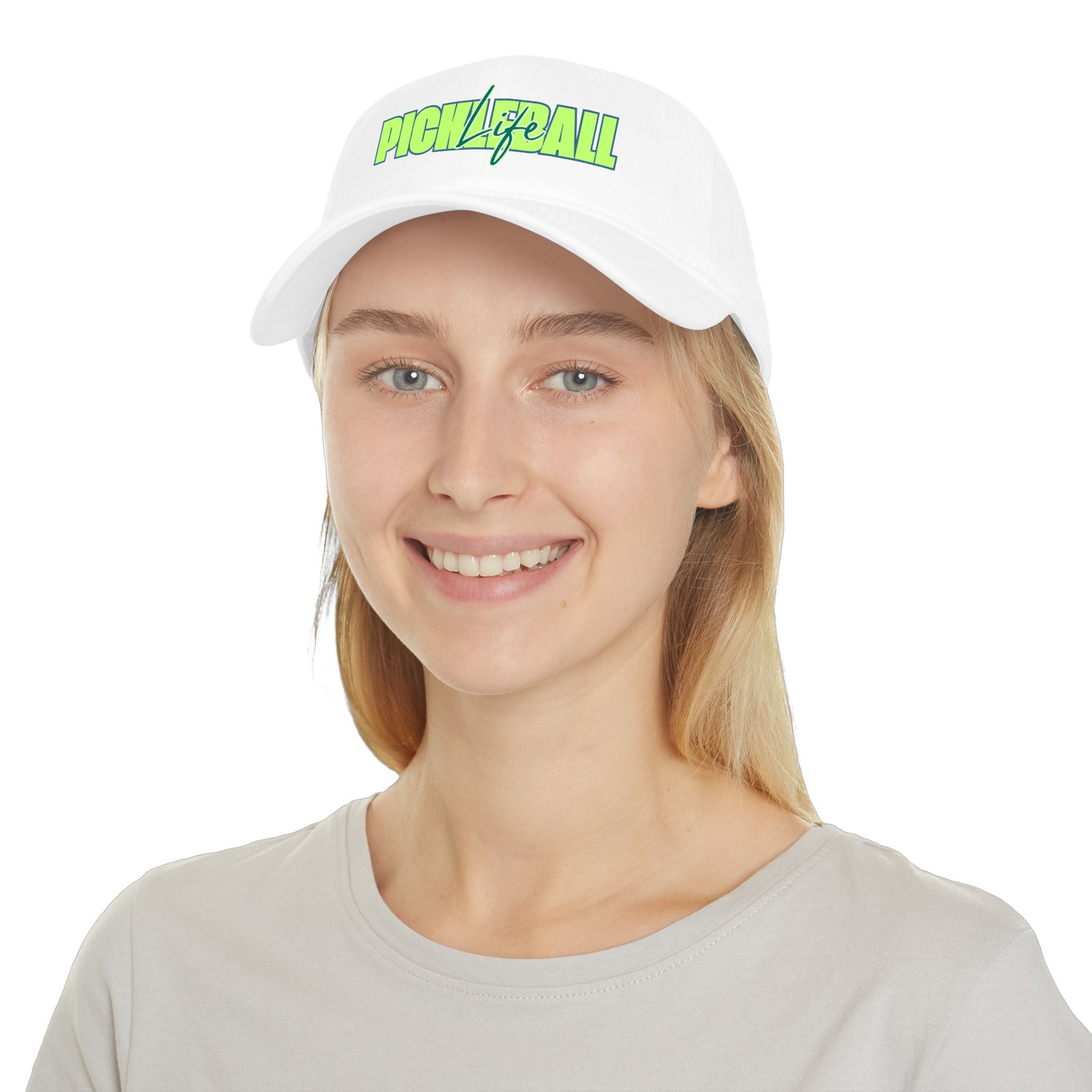 Printify Pickleball Life bold green and blue script low profile baseball cap with curved brim and adjustable strap.