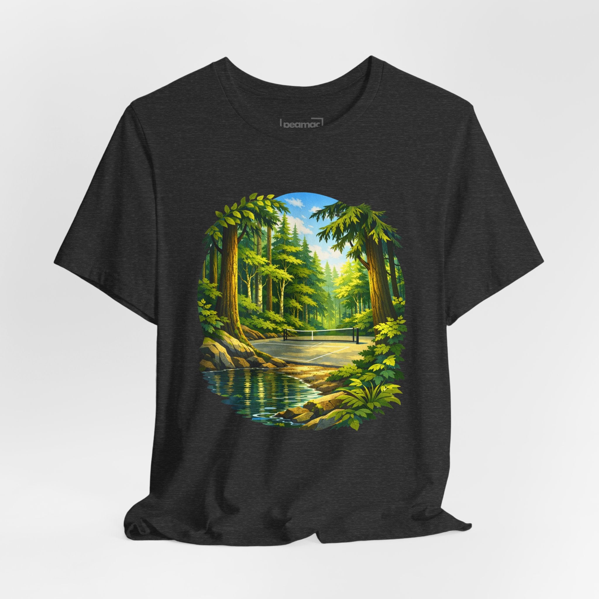 Unisex Hidden Forest Pickleball T-Shirt featuring a Bainbridge Island tribute design, made by Printify, shown on a plain background.