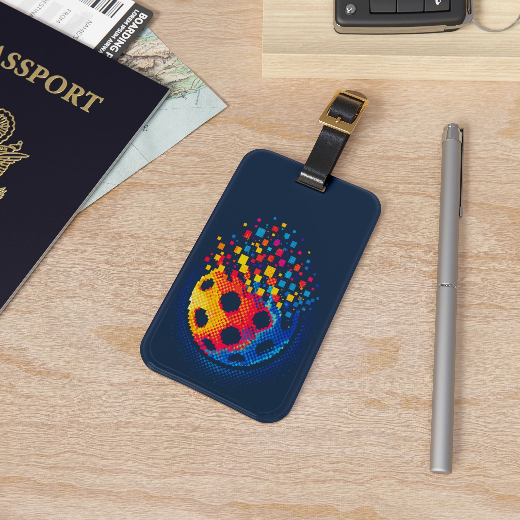 Matrix Burst Pickleball Court ID luggage tag by Printify with leather strap and buckle, featuring colorful pickleball court design.