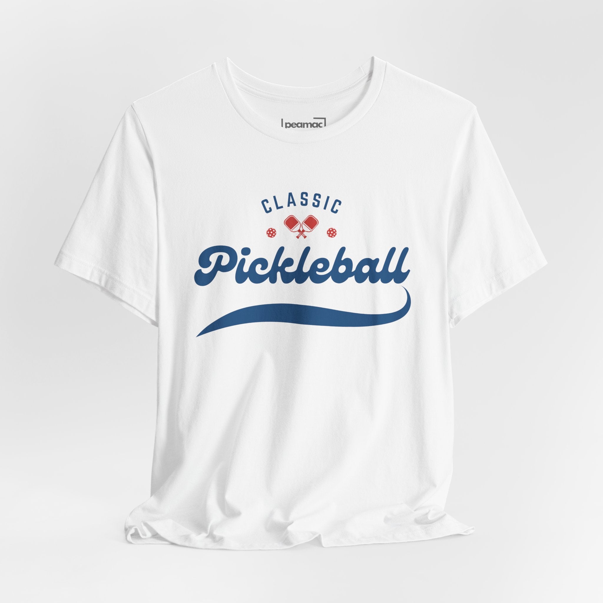 Classic Pickleball Script T-Shirt featuring red and blue paddle and ball design, comfortable cotton fabric, casual sportswear.