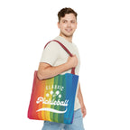 Rainbow tote bag with crossed pickleball paddles and script design, stylish accessory for pickleball players by Printify