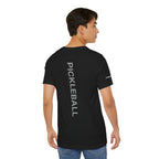 Personalized pickleball T-shirt by Printify with custom name on sleeve and club logo on the back, featuring a pickleball design.