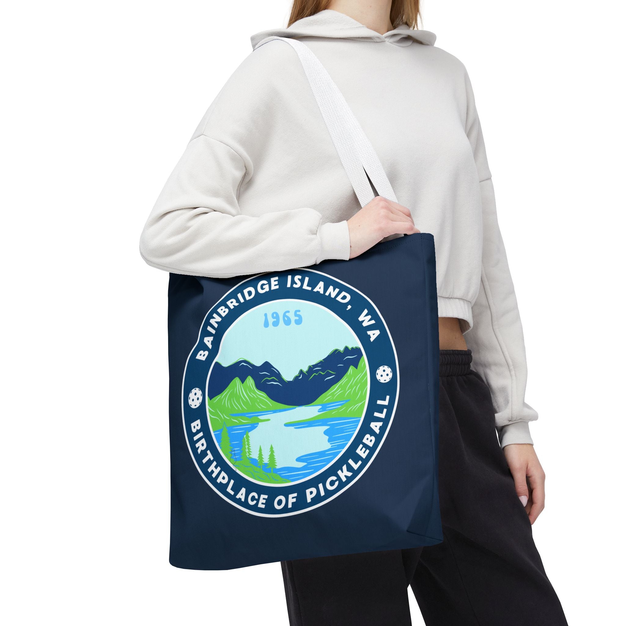 Large Pickleball tote bag by Printify with Bainbridge Island WA design, perfect for carrying pickleball gear and accessories.