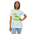 Neon orange and electric green pickleball rally graphic T-shirt by Printify, featuring colorful court design on a casual fit tee.