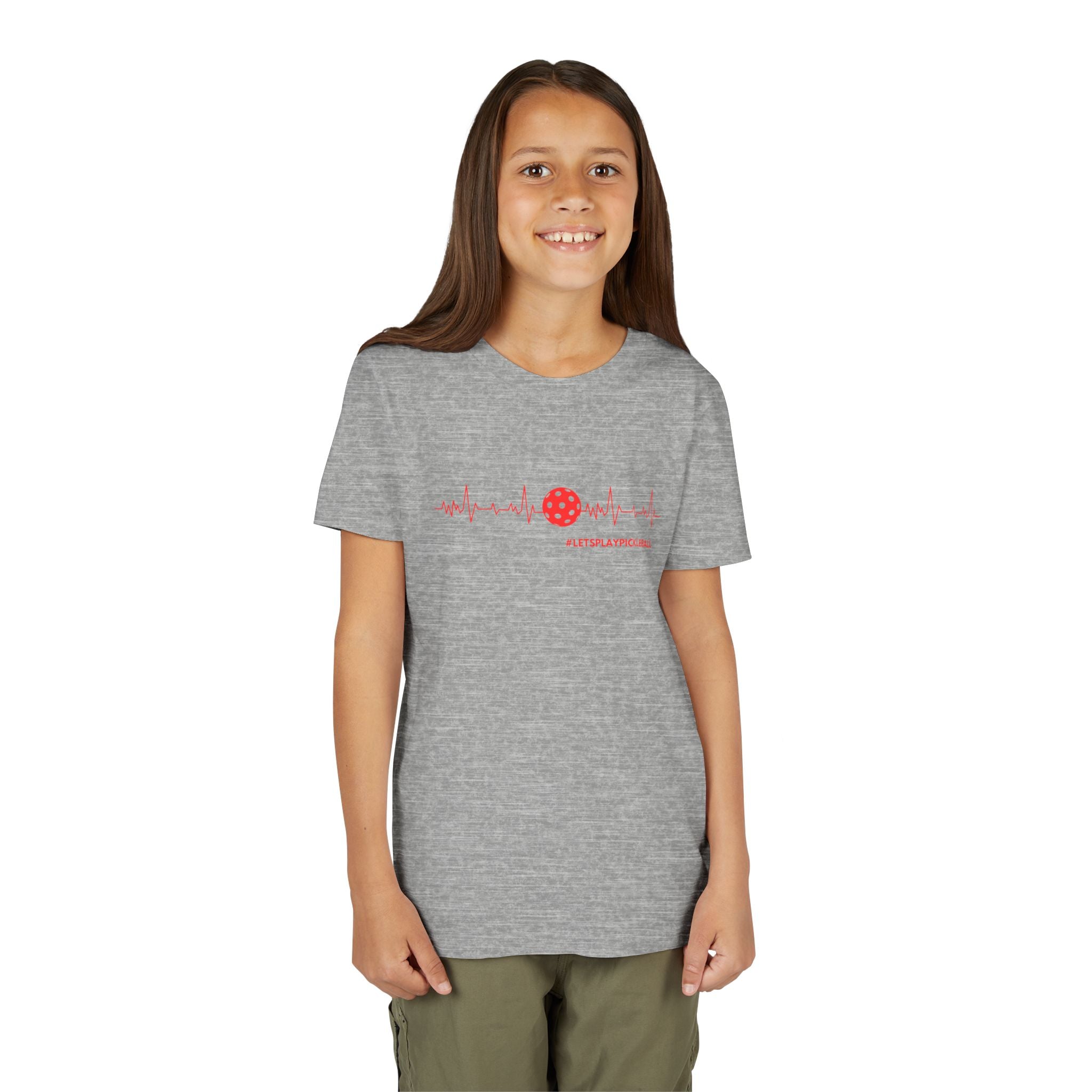 Kids' youth Pickleball tee featuring a heartbeat design and "Let's Play Pickleball" text, by Printify.