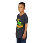 Bright neon youth pickleball graphic T-shirt for kids featuring playful "Let's Play Pickleball" design by Printify.