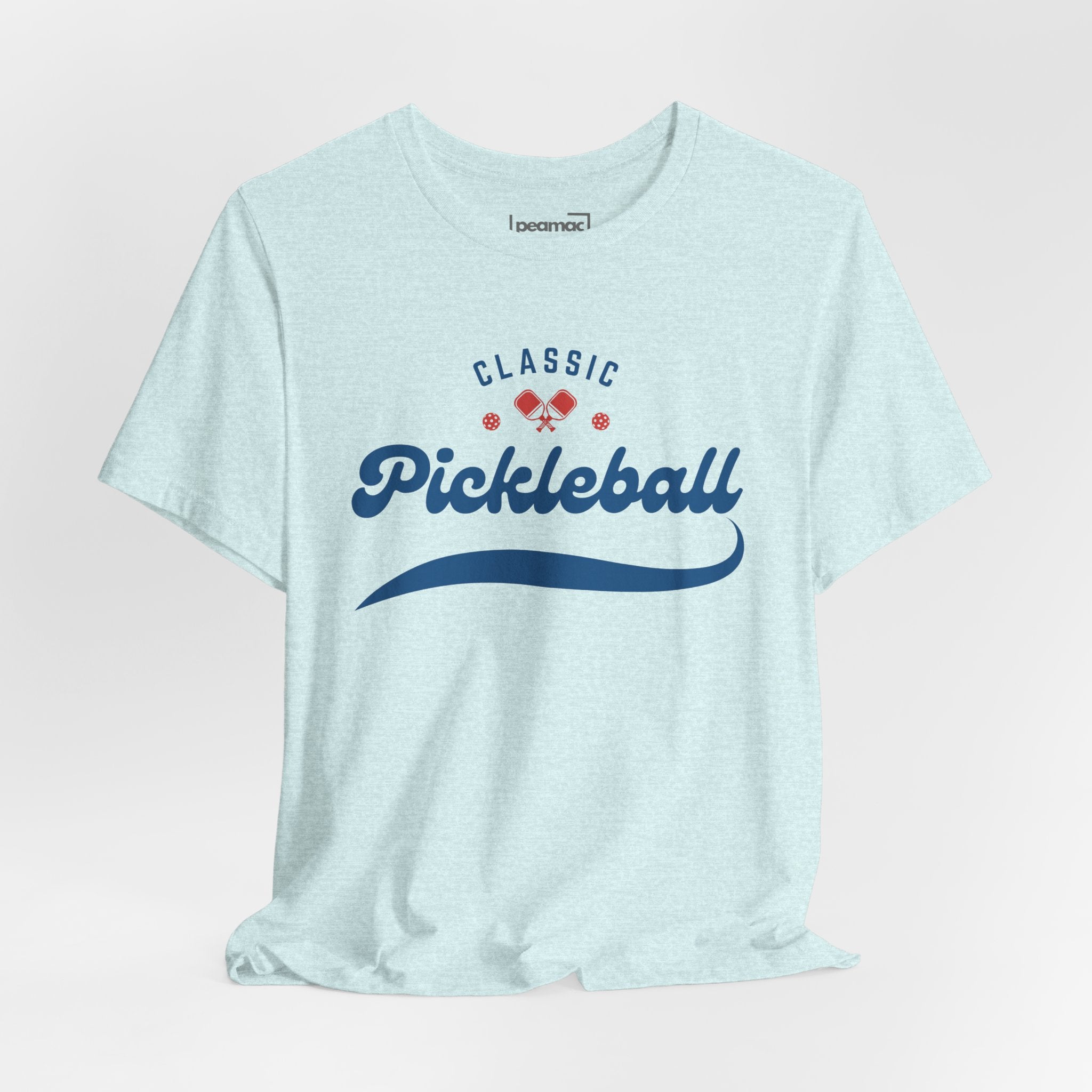 Red and blue pickleball T-shirt featuring paddle and ball design, Classic Pickleball Script Tee by Printify.