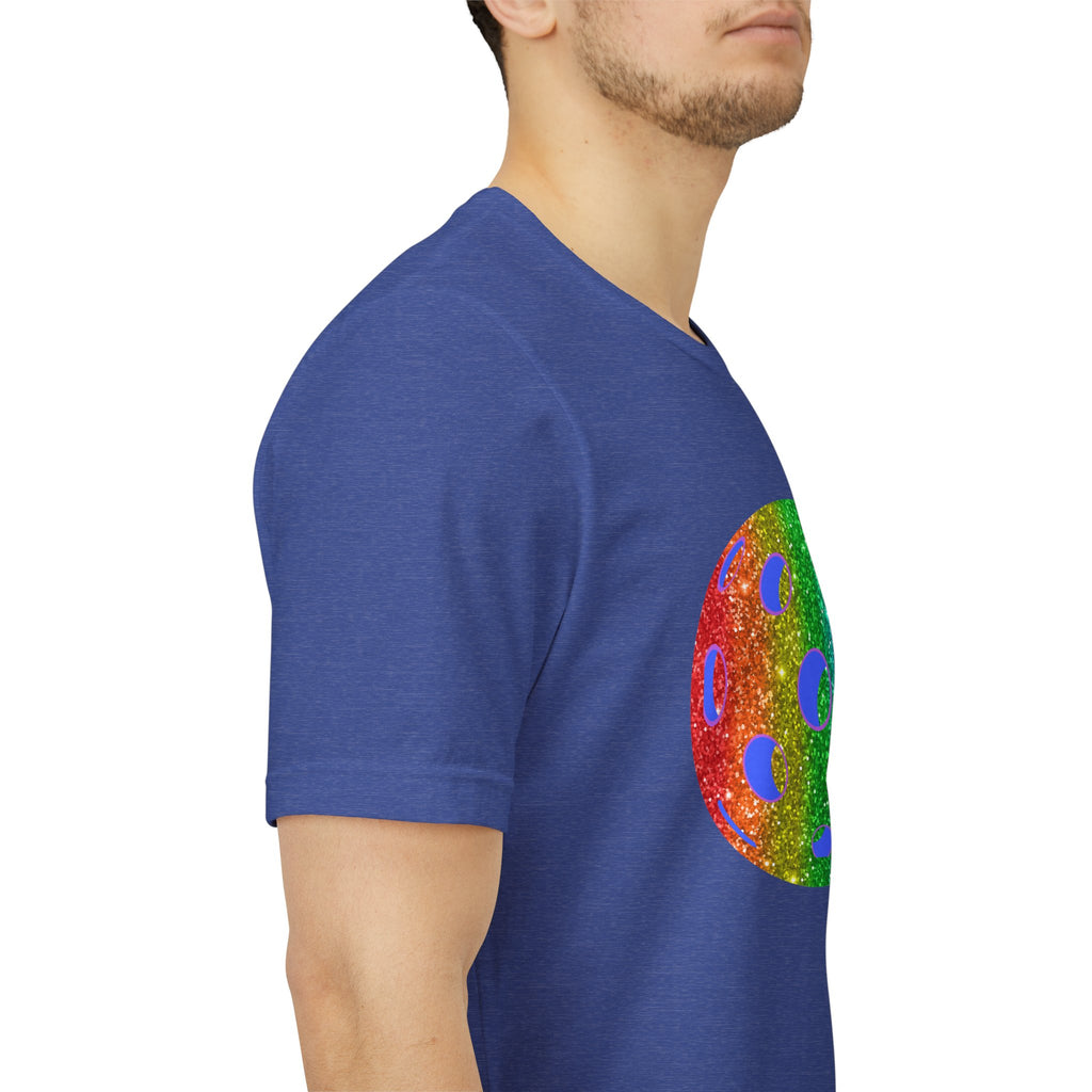 Rainbow glitter pickleball pride T-shirt featuring the Sparkle Loud and Proud Pickleball logo on a colorful, festive design.