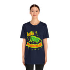 Neon orange and electric green pickleball rally T-shirt with court graphic, casual athletic tee by Printify.