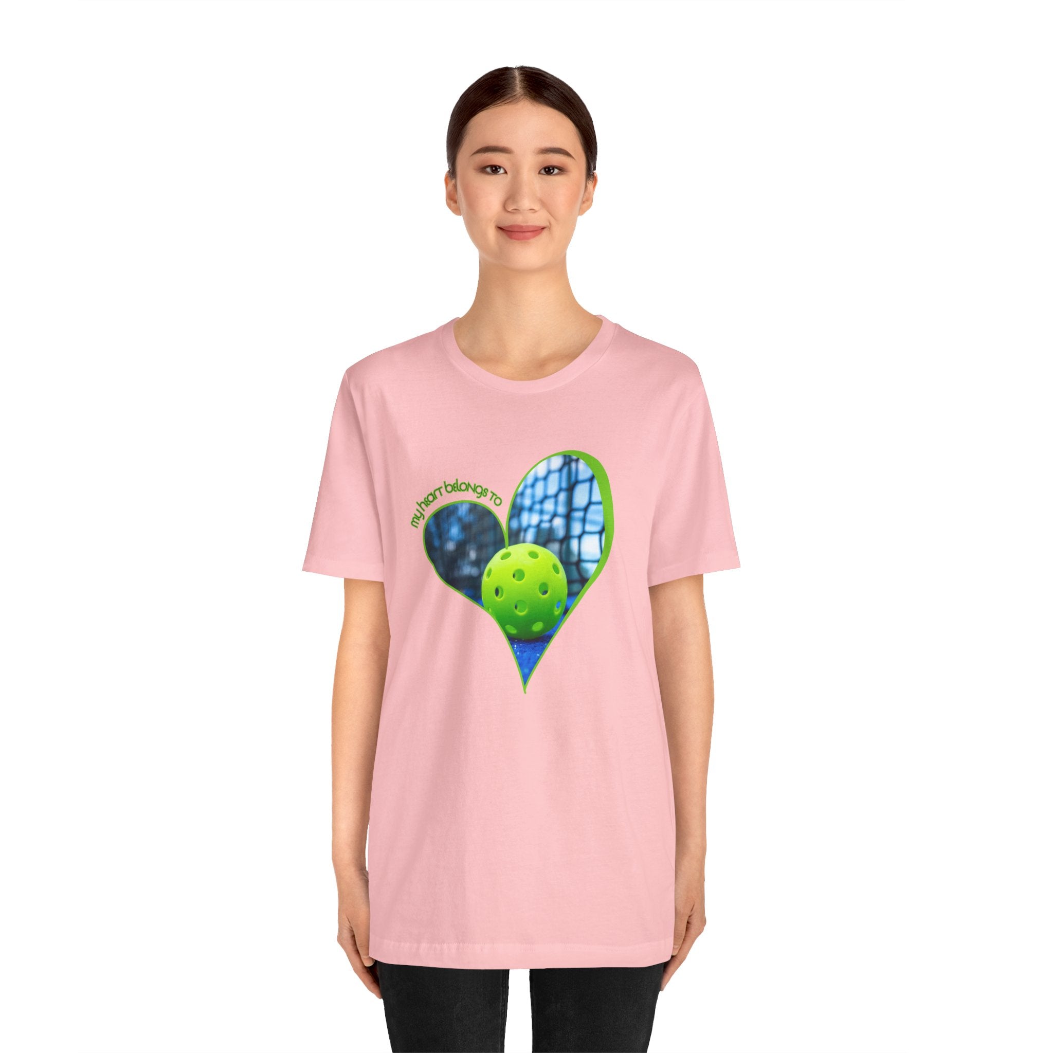 White Pickleball T-shirt for players and fans, featuring "My Heart Belongs to Pickleball" print, by Printify.