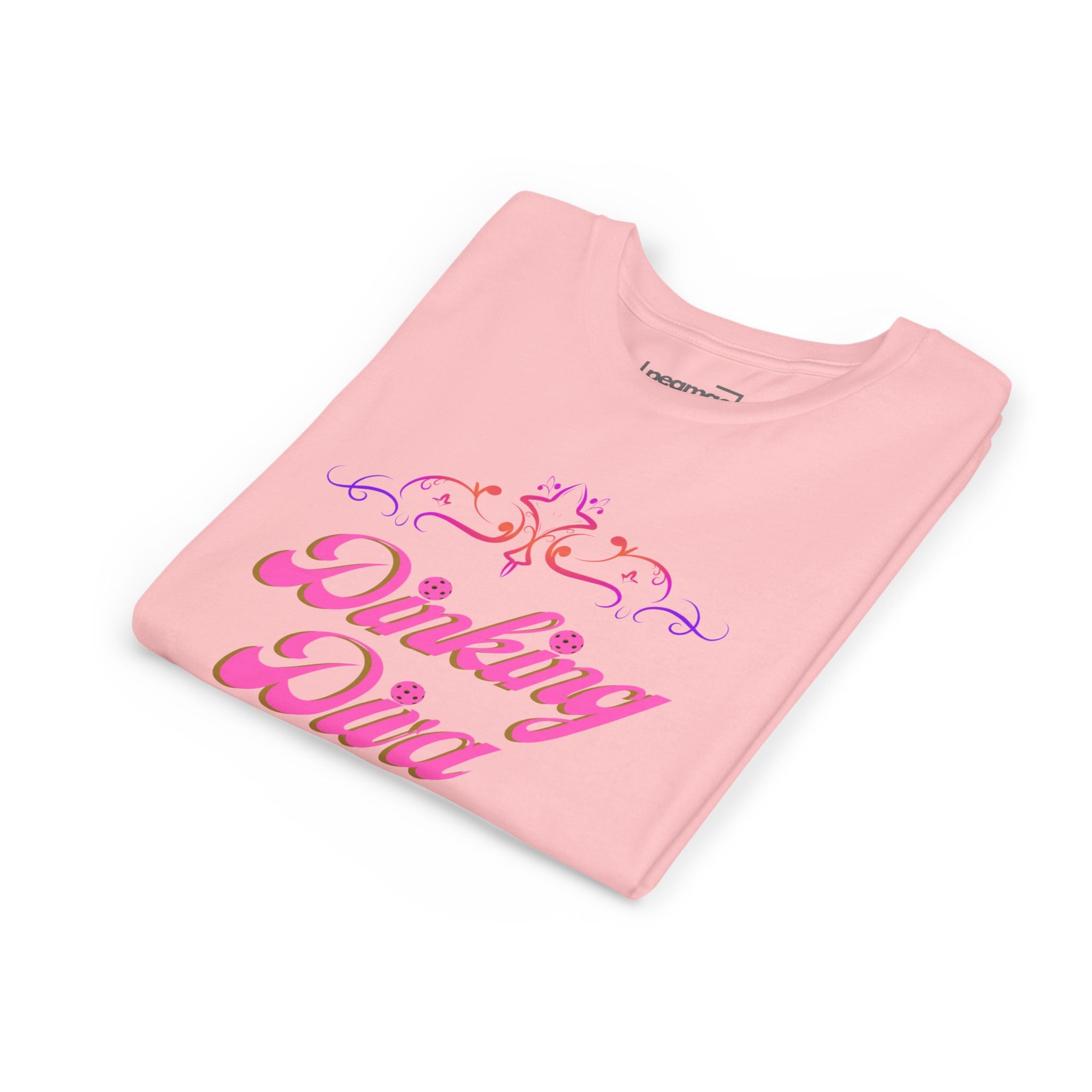 Pink Dinking Diva youth pickleball shirt with filigree design, made for kids, featuring vibrant pink fabric and stylish print.
