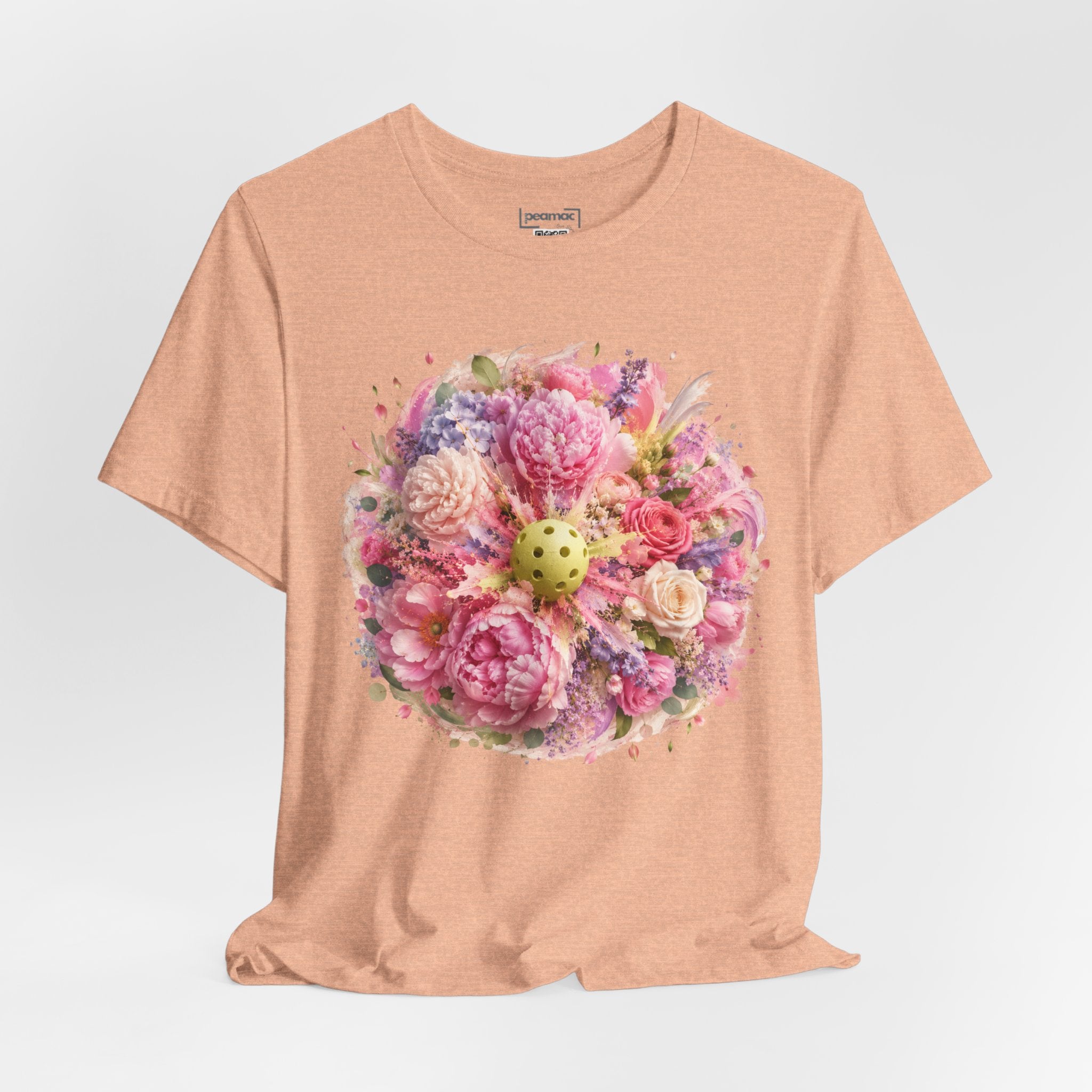Peony Pickleball Tee by Printify, a unisex cotton T-shirt with a colorful peony design, casual and comfortable for everyday wear.