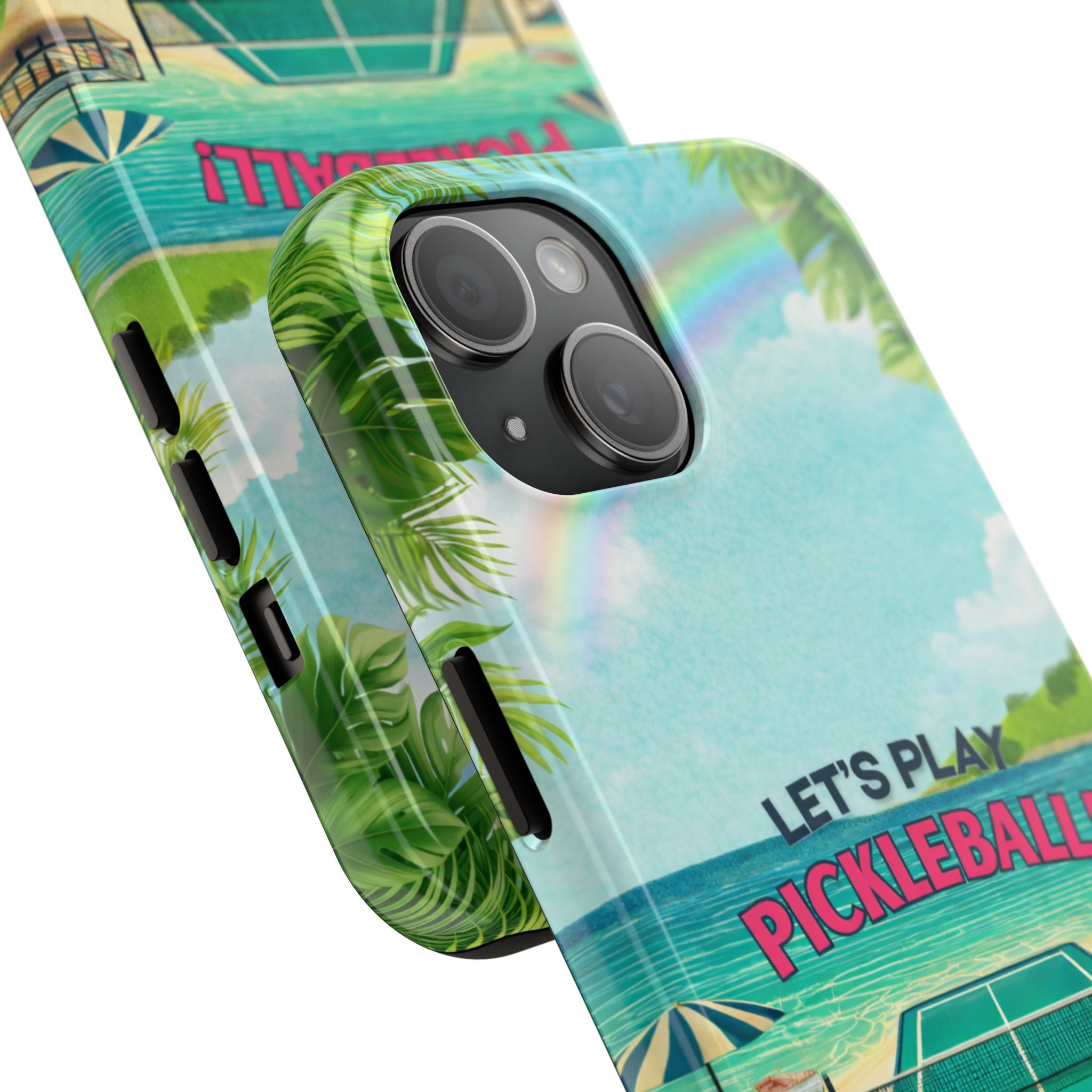 Tropical-themed Let's Play Pickleball phone case by Printify, featuring colorful beach court design on a durable protective cover.