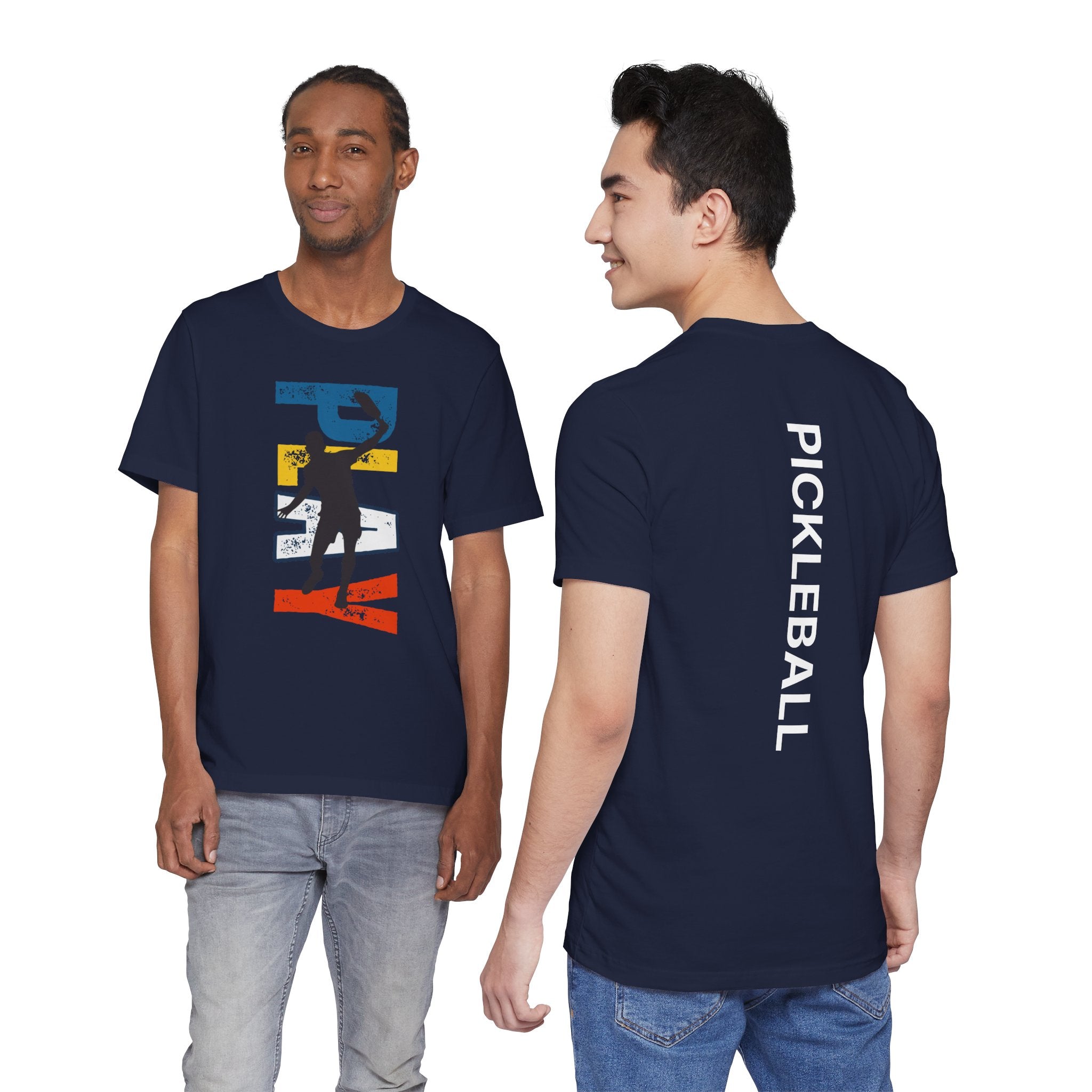 Men's Retro Pickleball Action T-Shirt with front silhouette and vertical "PICKLEBALL" text on the back, by Printify.