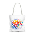 Pixelated pickleball large tote bag with retro digital wiffle ball design, made by Printify, featuring vibrant pixel art print.