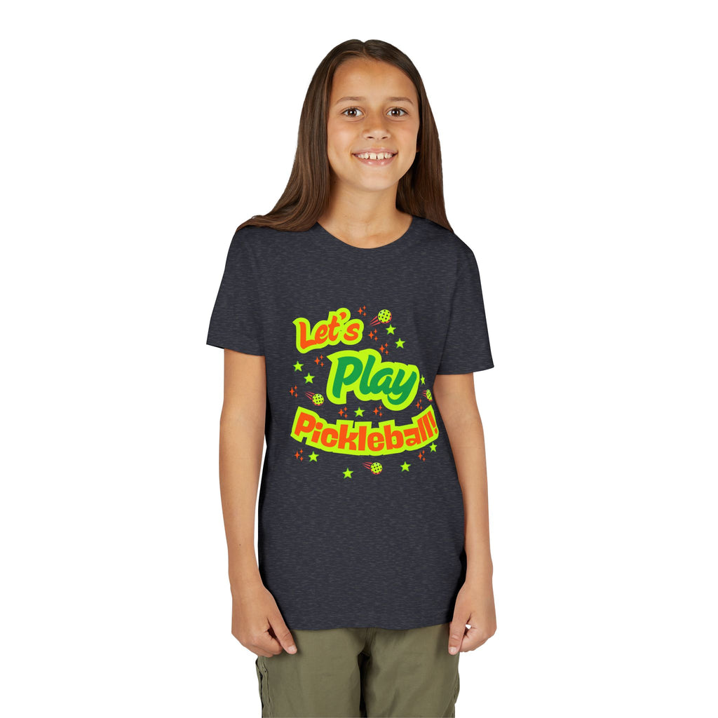 Youth neon pickleball graphic t-shirt for kids from Printify, featuring colorful pickleball design on soft cotton fabric.
