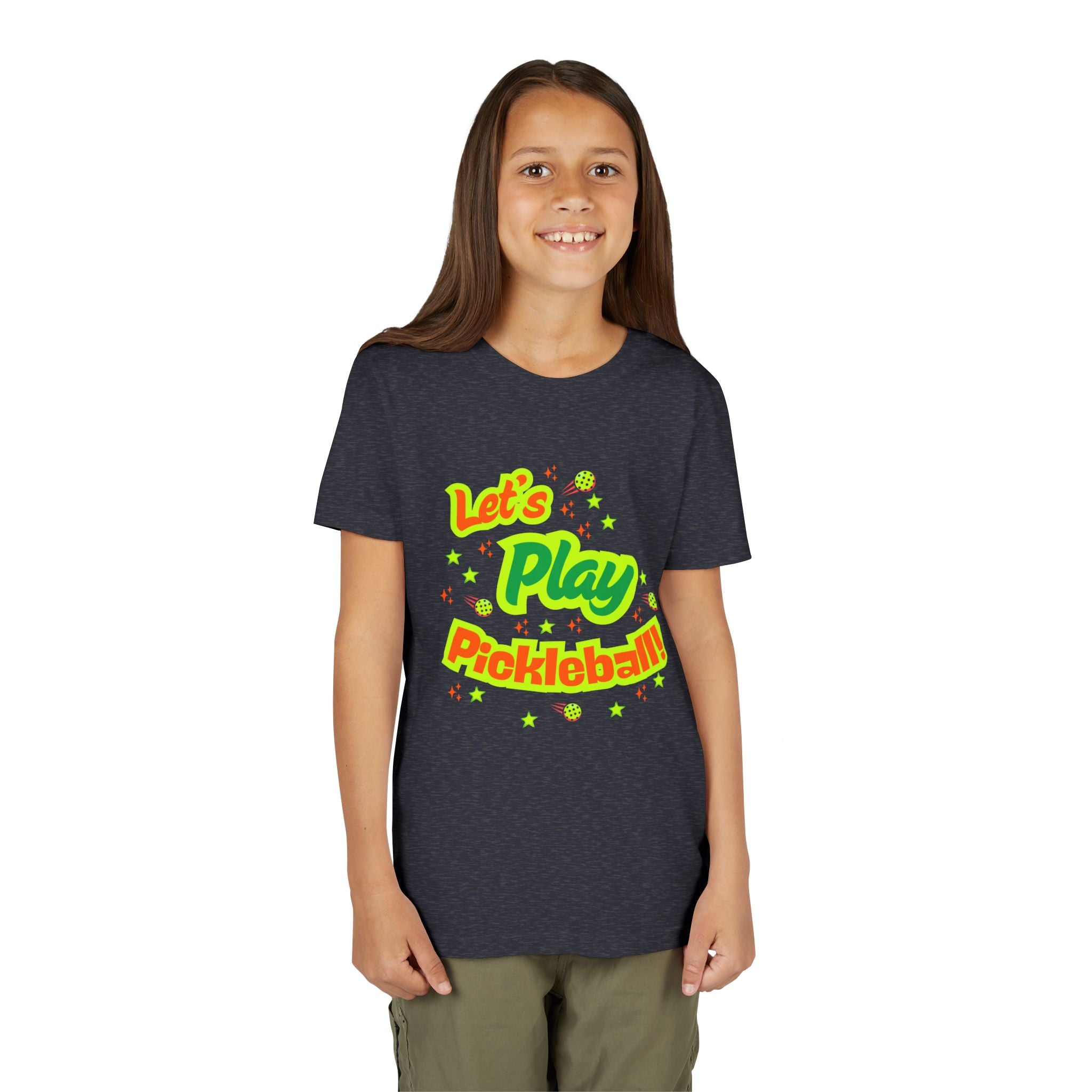 Youth neon pickleball graphic t-shirt for kids from Printify, featuring colorful pickleball design on soft cotton fabric.
