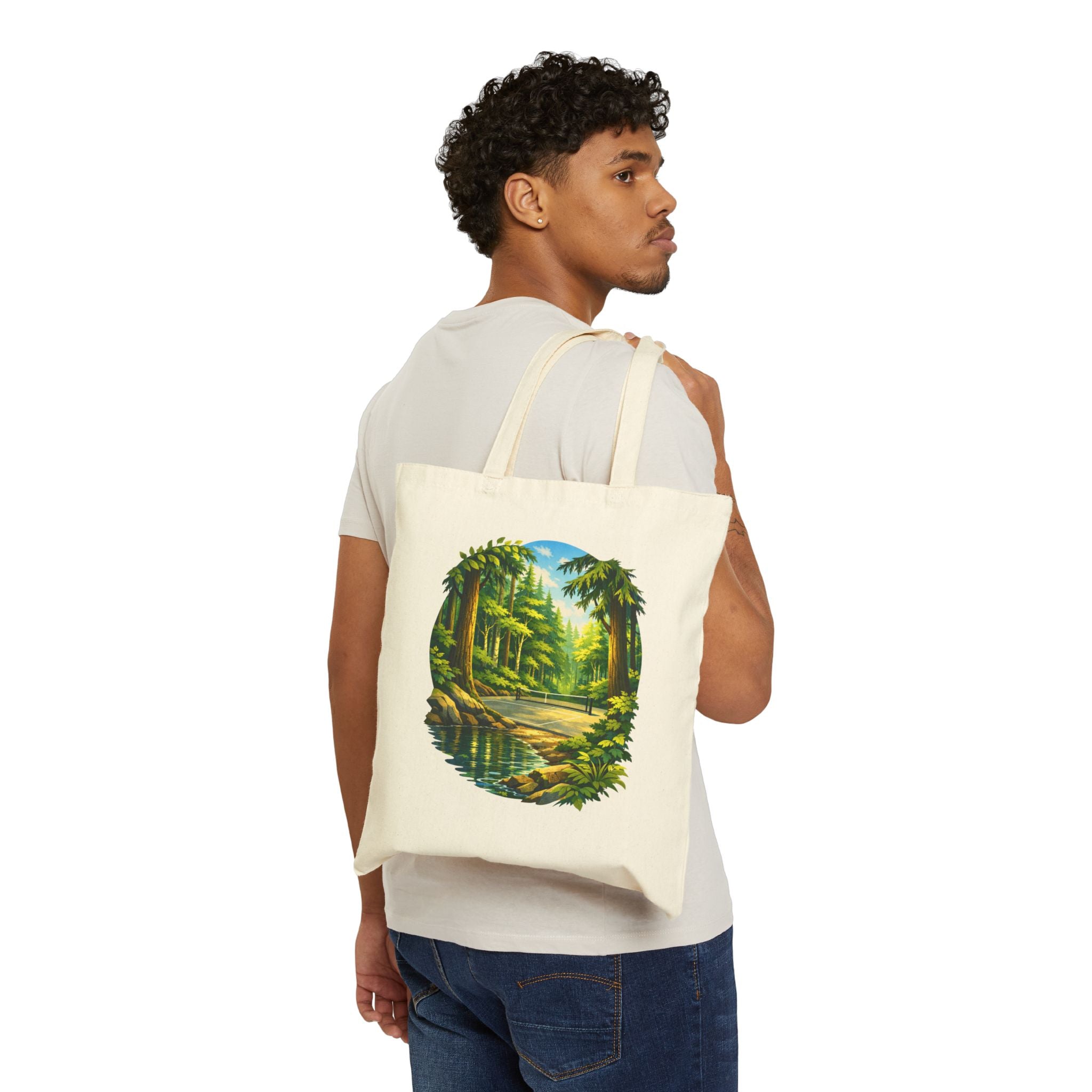 Bainbridge Island Pickleball Tote Bag  | Pacific Northwest Forest Court Design Canvas | Black & Natural Canvas Bags for Gear | Gift for Players