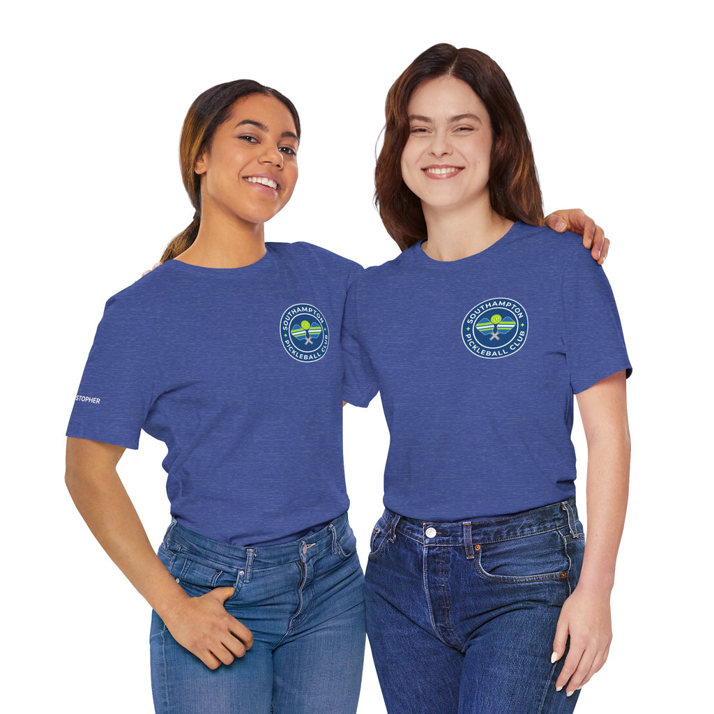 Personalized pickleball T-shirt by Printify with custom name on sleeve and club logo on the back, featuring a pickleball graphic.