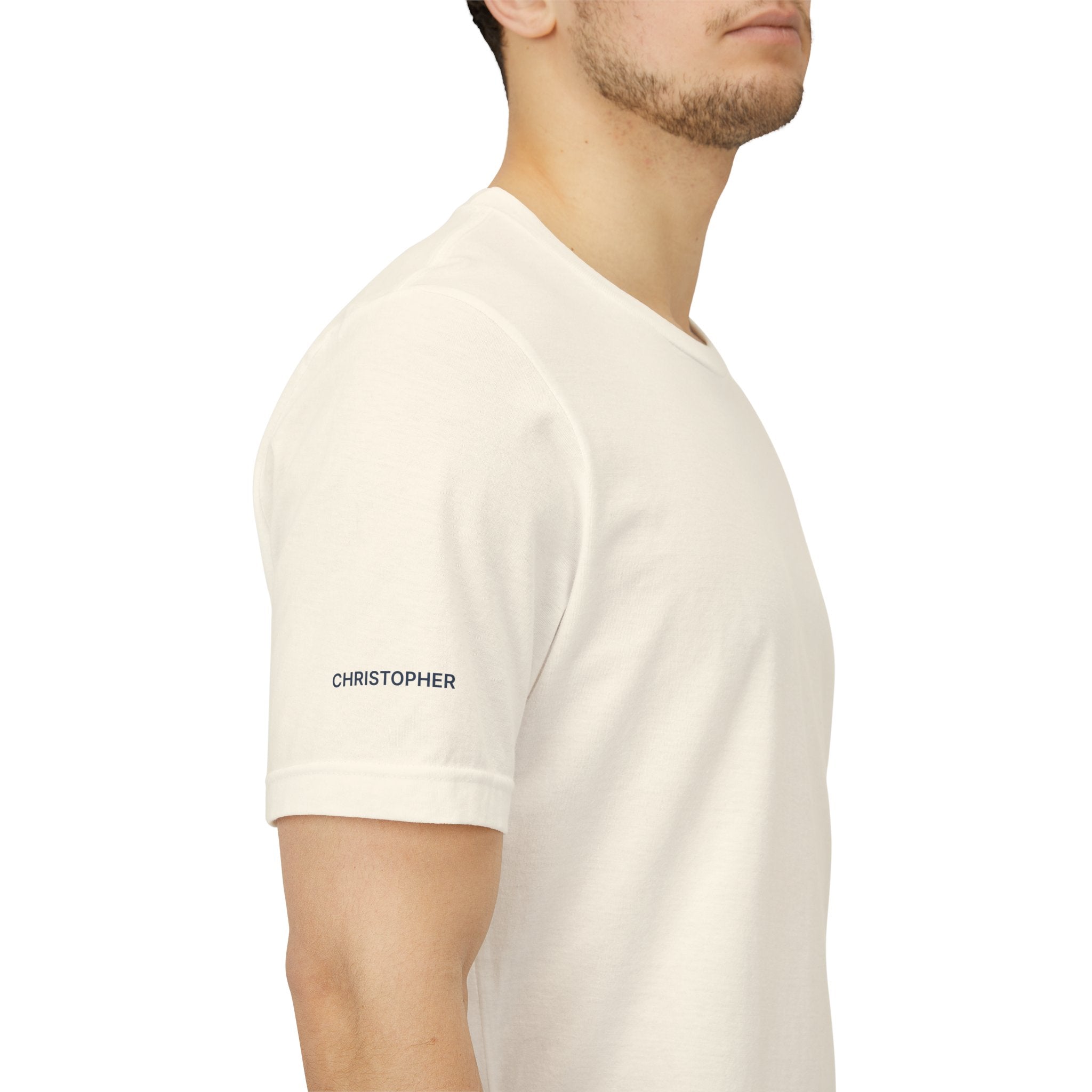Personalized pickleball T-shirt with custom name sleeve, club logo, and pickleball design on the center back, by Printify.