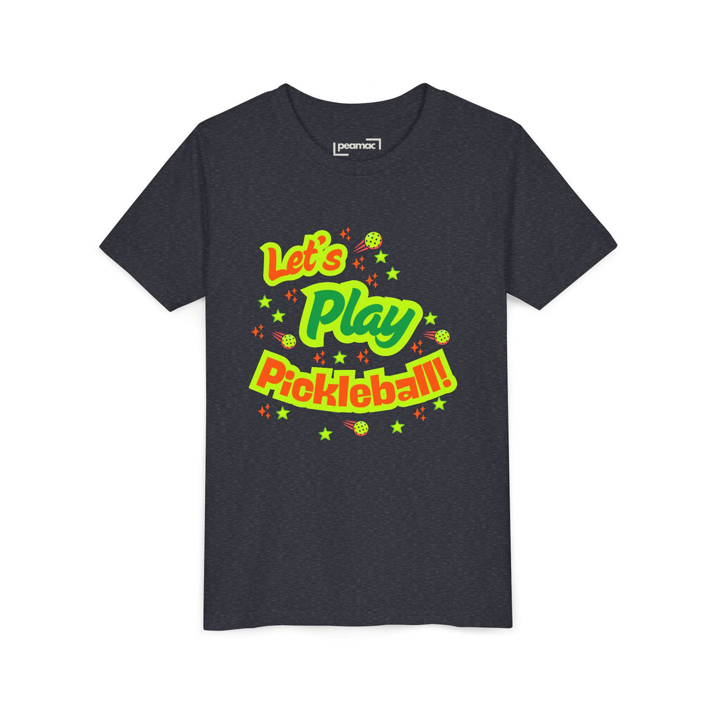 Kids' neon pink pickleball graphic T-shirt from Printify featuring playful "Let's Play Pickleball!" design for youth.