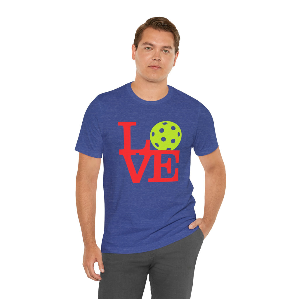 Neon pop art design on LOVE Pickleball T-Shirt by Printify, featuring vibrant colors and casual fit for pickleball enthusiasts.