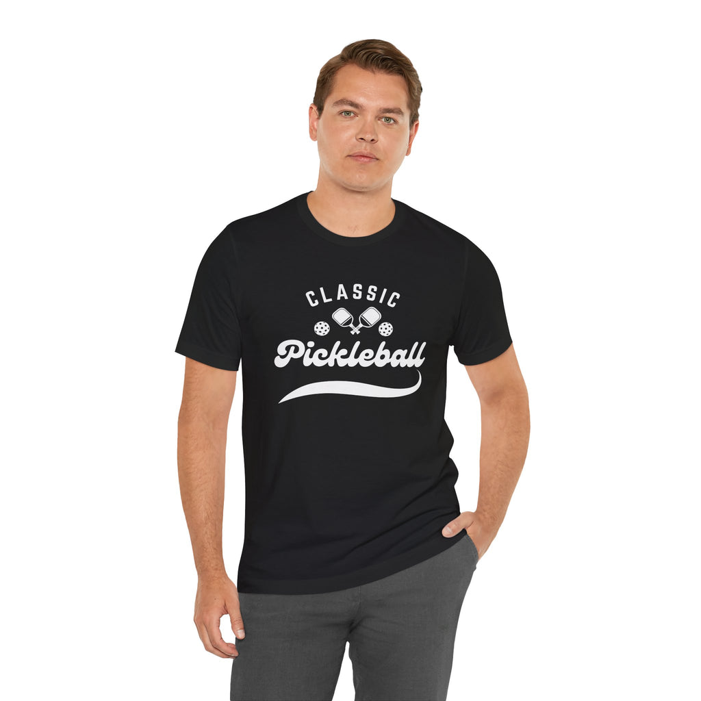 Classic pickleball T-shirt with "Pickleball" script design, comfortable cotton fabric, ideal for pickleball players and fans