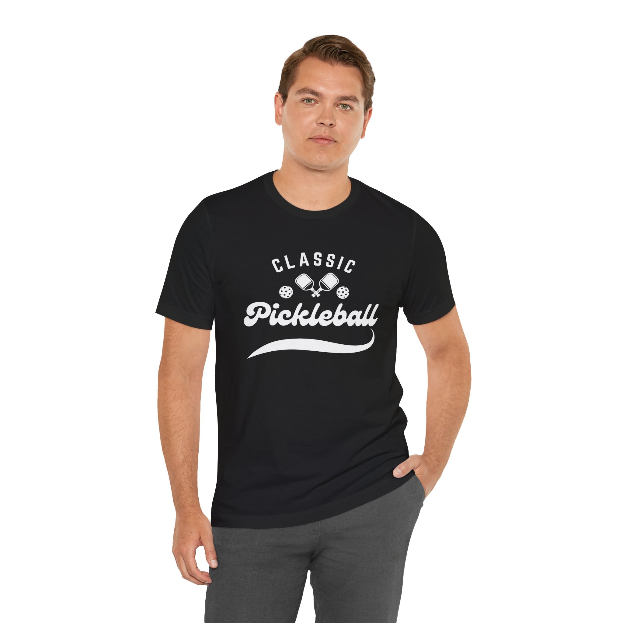 Classic pickleball T-shirt with "Pickleball" script design, comfortable cotton fabric, ideal for pickleball players and fans