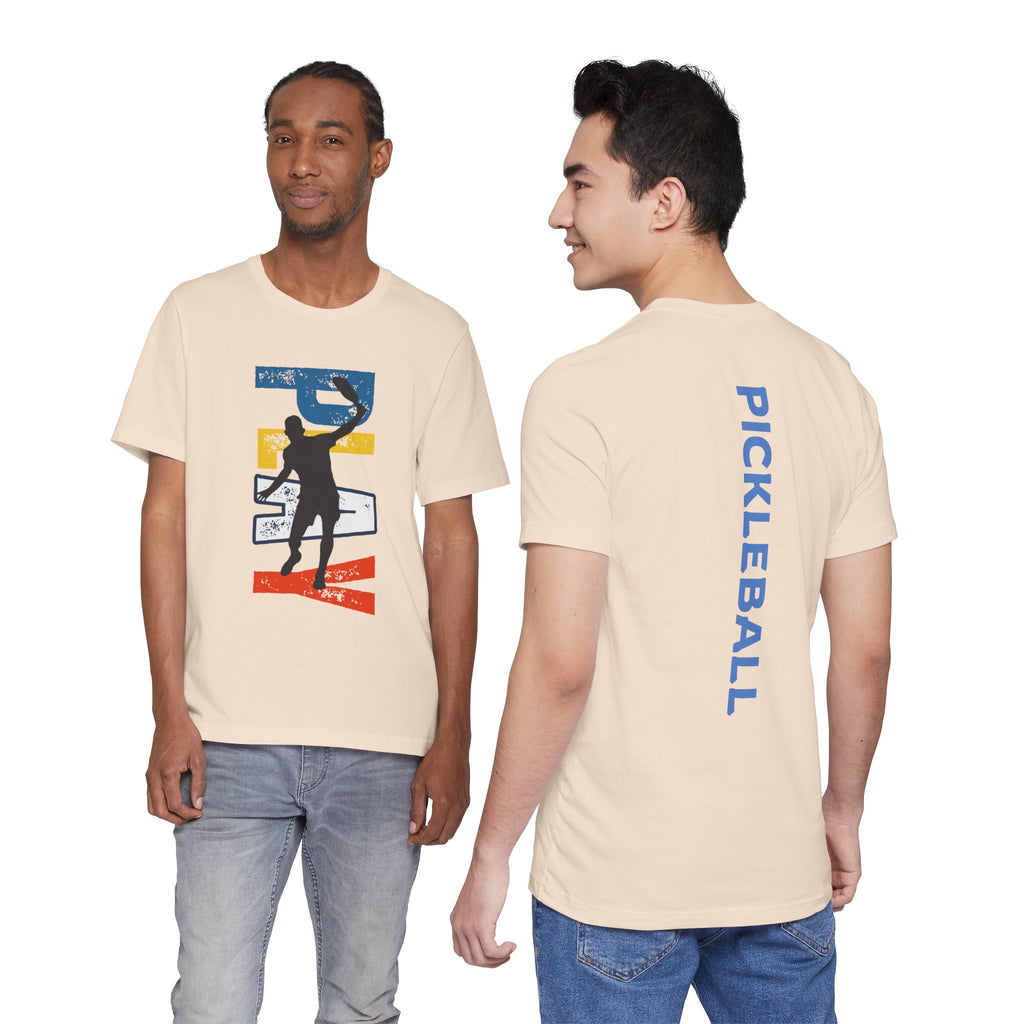 Men's Retro Pickleball Action T-Shirt with dynamic front silhouette and vertical "PICKLEBALL" text on the back, by Printify.