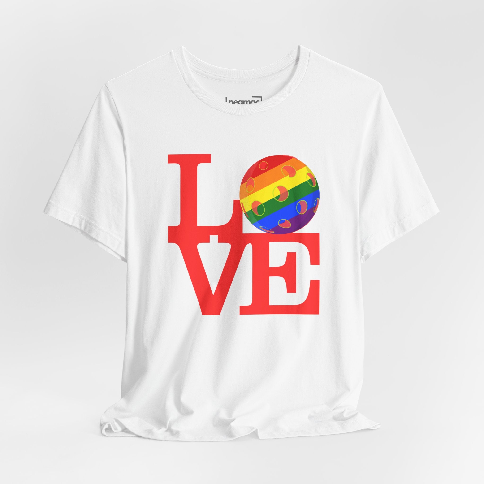 Rainbow LOVE Pickleball Pride T-Shirt by Printify featuring colorful LGBTQ2 themed design on a comfortable cotton tee.