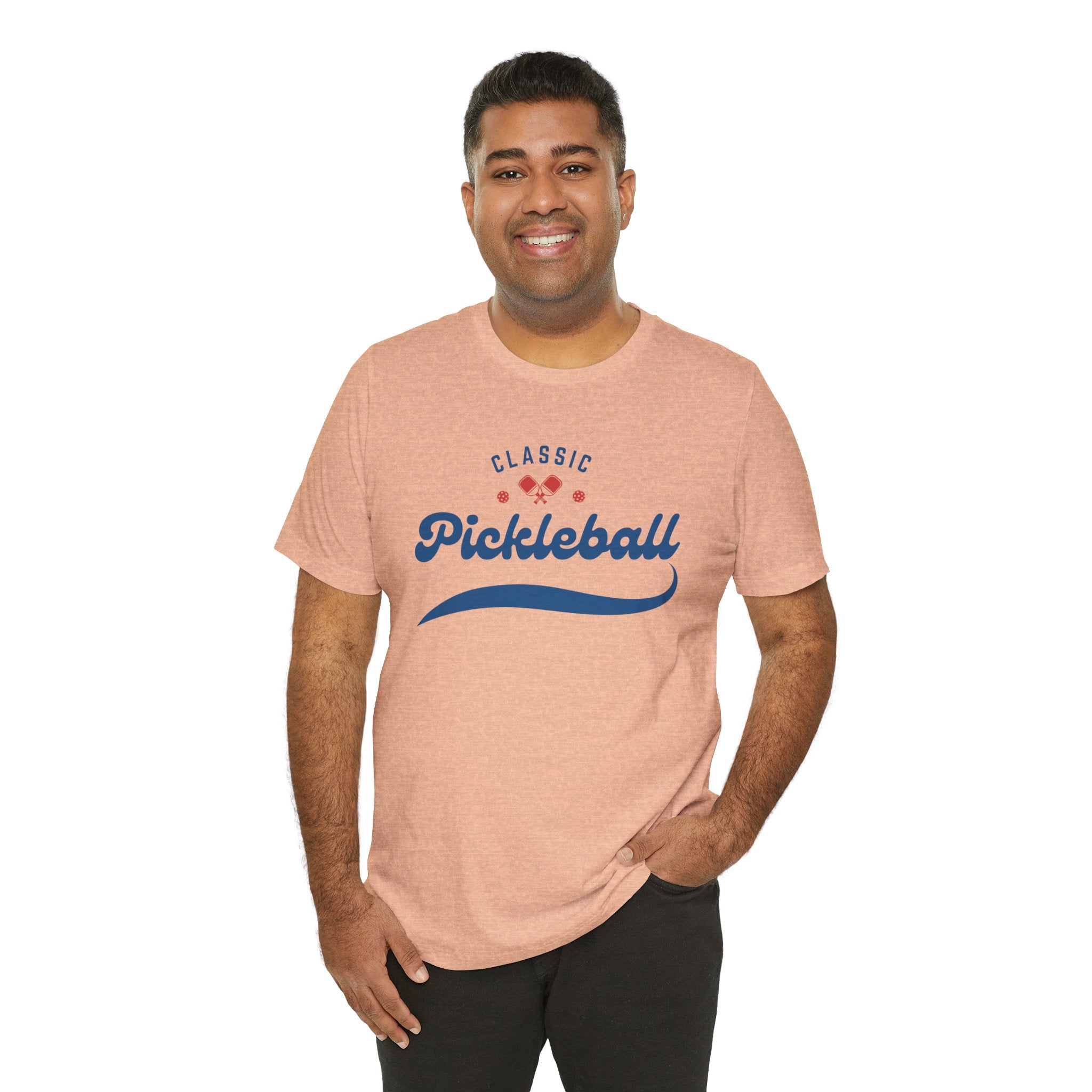 Red and blue pickleball script T-shirt featuring paddle and ball design, casual wear by Printify.
