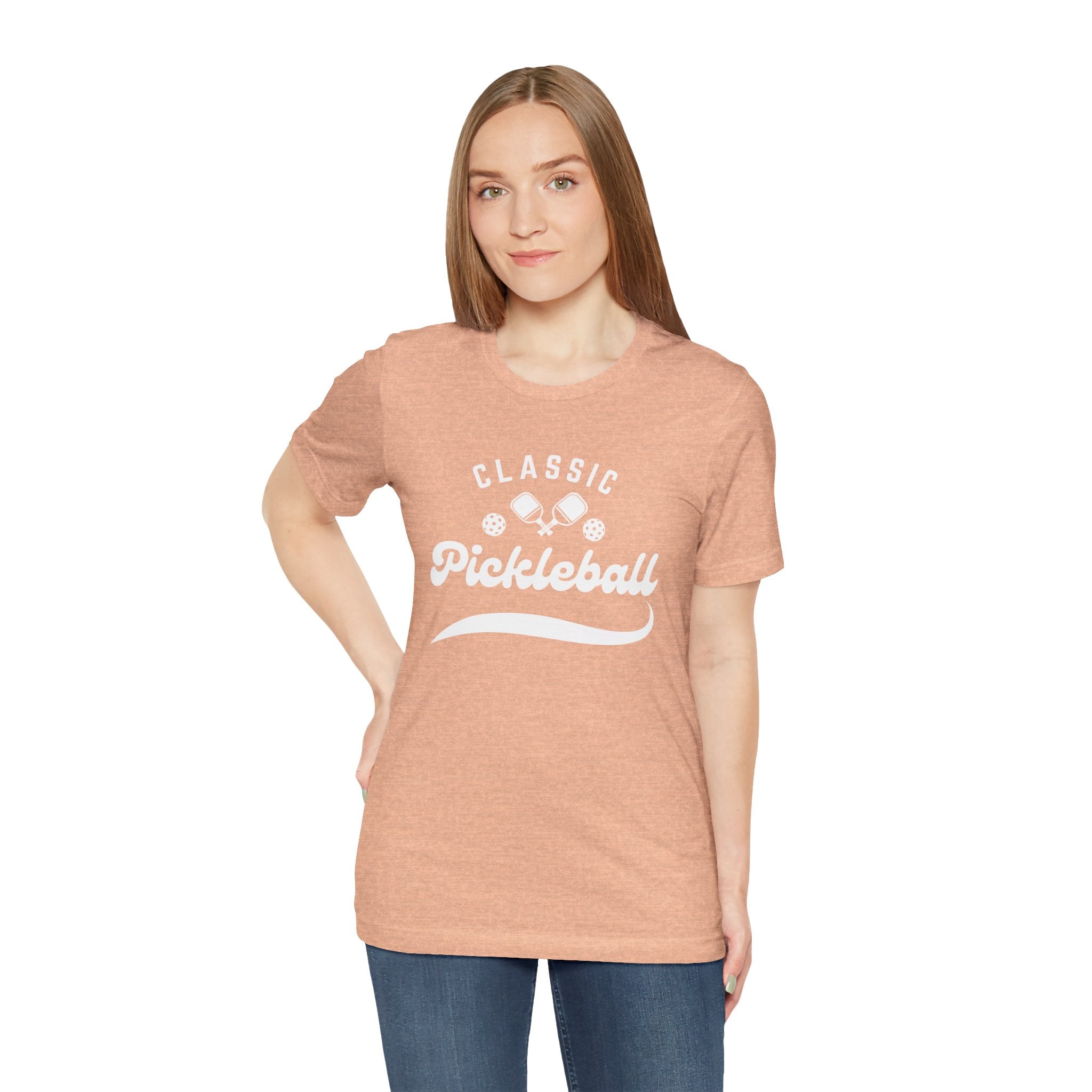Classic Pickleball T-shirt with "Pickleball" script design, casual athletic wear by Printify, shown in a front view.