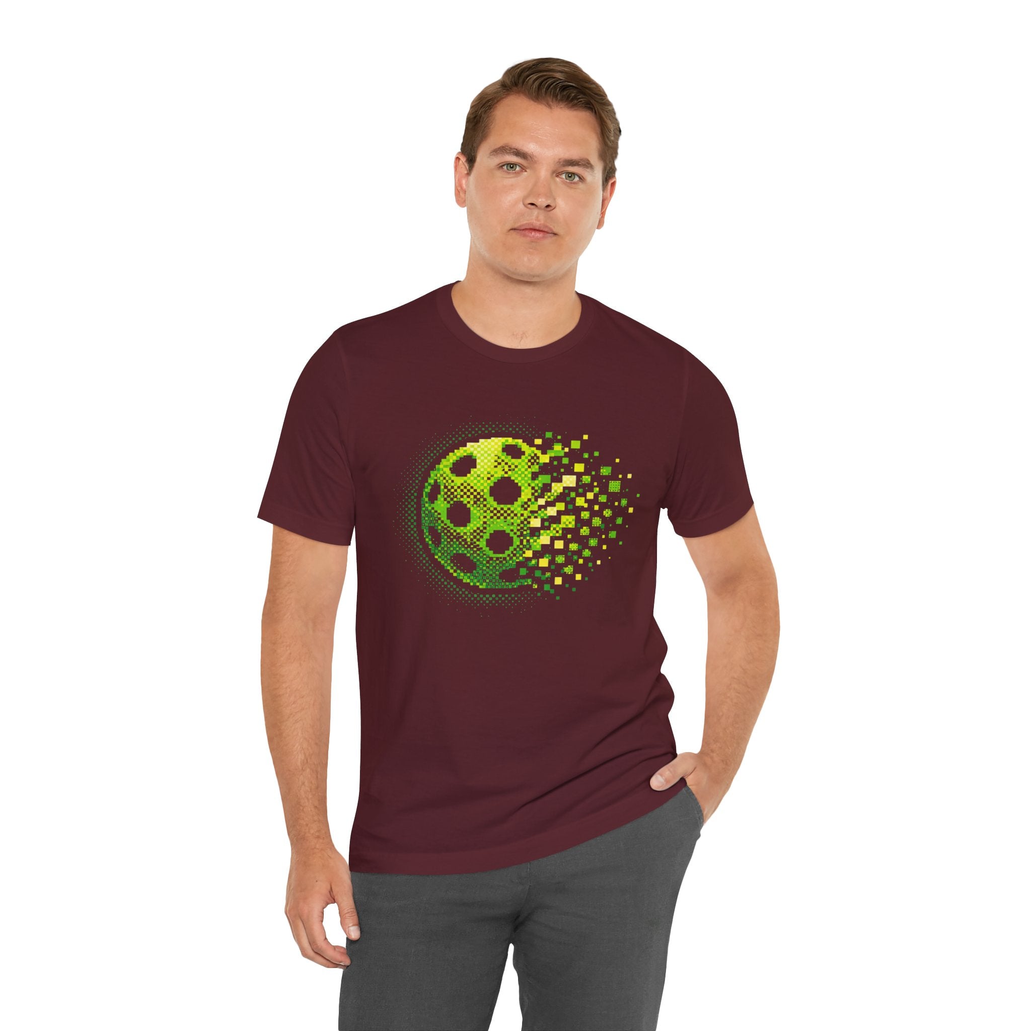 Green Pixelated Pickleball Tee featuring retro court graphic, comfortable T-shirt by Printify with vibrant design.