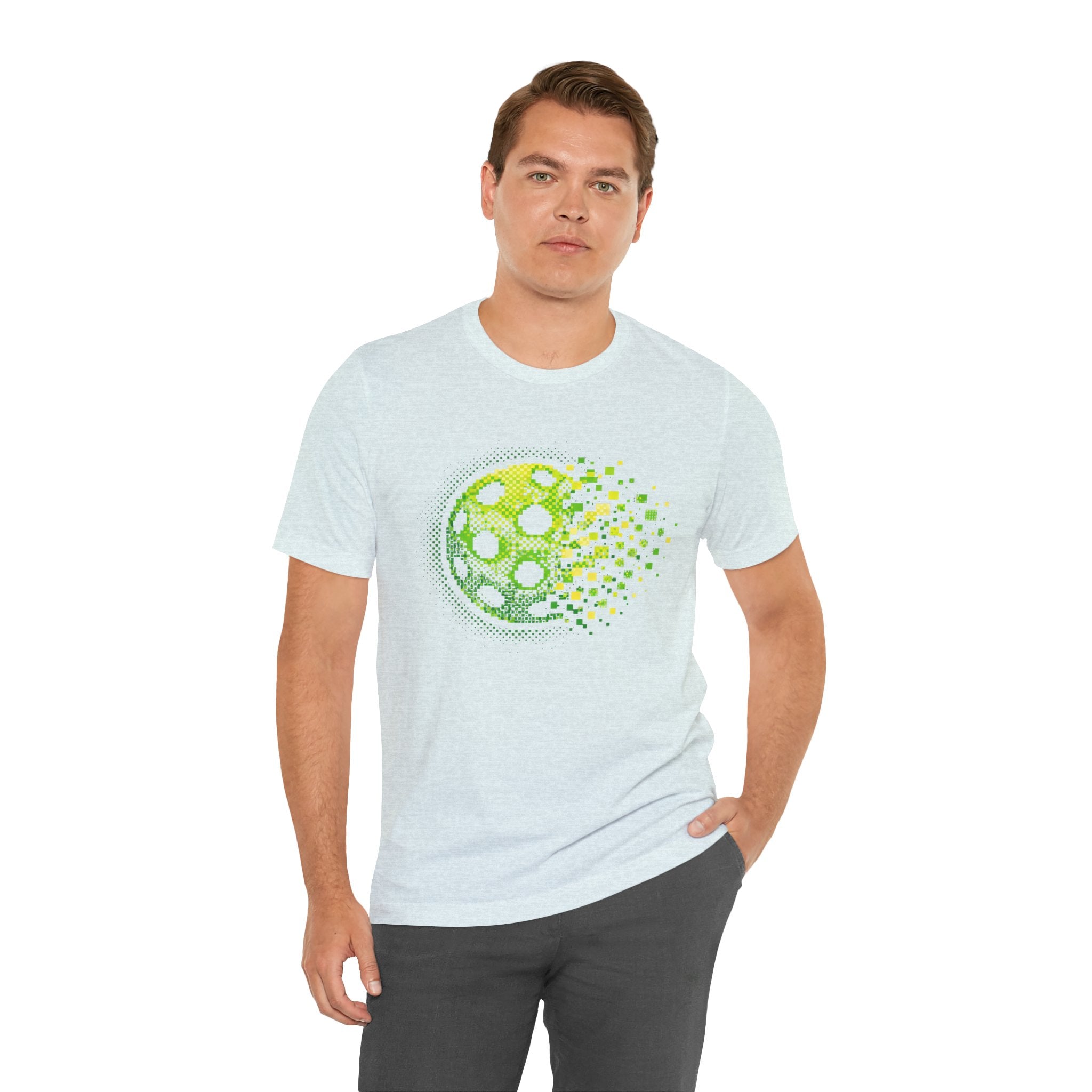 Green Pixelated Pickleball Tee with retro court graphic, casual T-shirt from Printify featuring vibrant pickleball design.