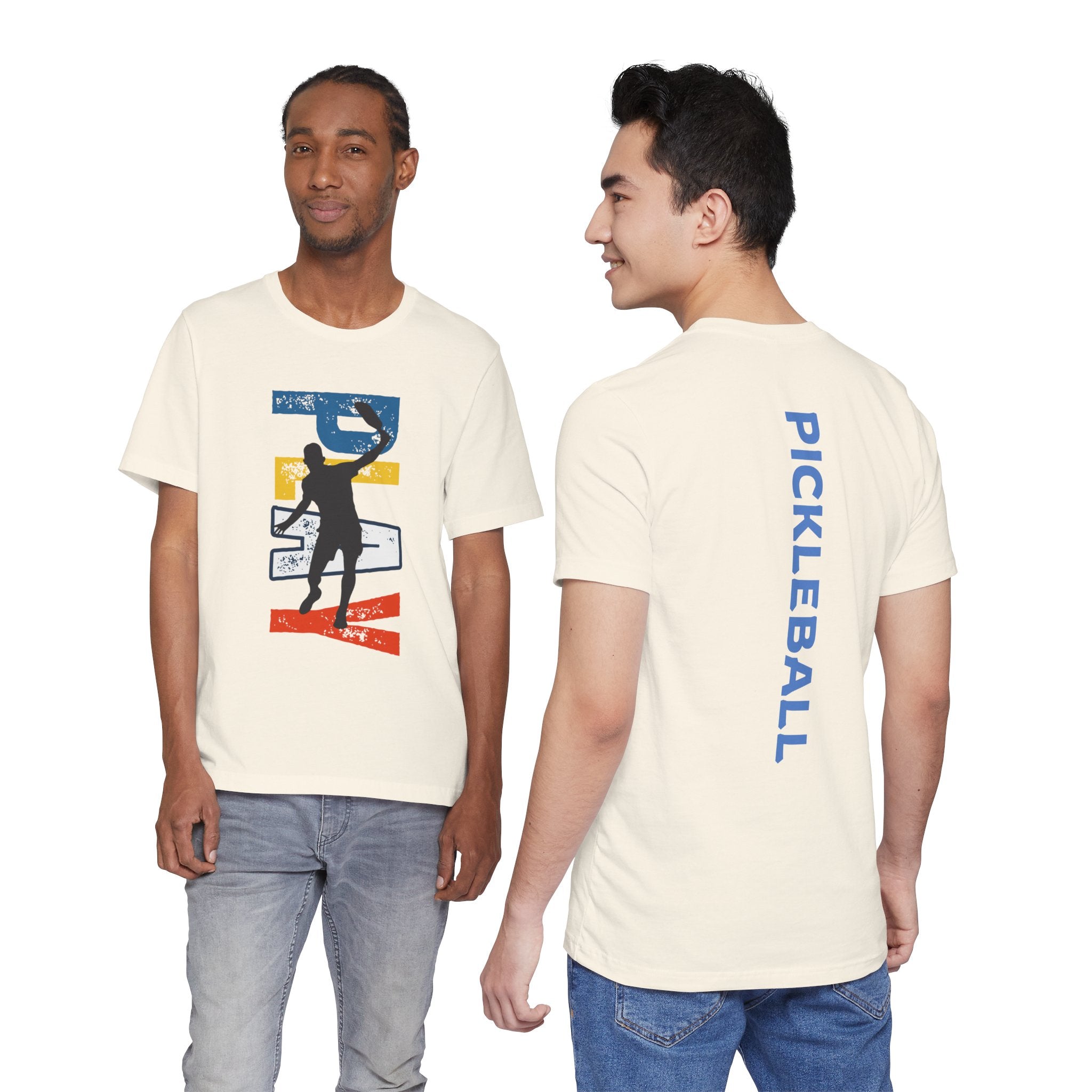 Men's Retro Pickleball Action Tee with dynamic front silhouette and vertical "PICKLEBALL" text on the back, by Printify.