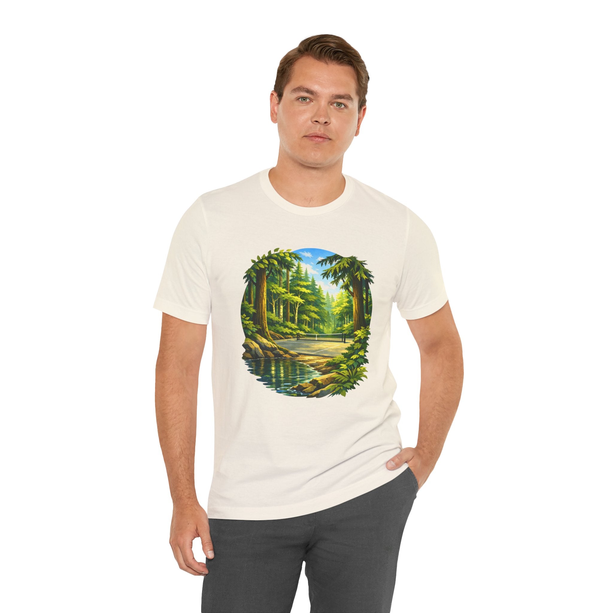 Unisex Hidden Forest Pickleball T-Shirt with Bainbridge Island tribute design, printed by Printify, casual sportswear for pickleball fans