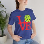 Neon pop art print LOVE pickleball T-shirt from Printify, premium cotton casual tee with vibrant graphic design.