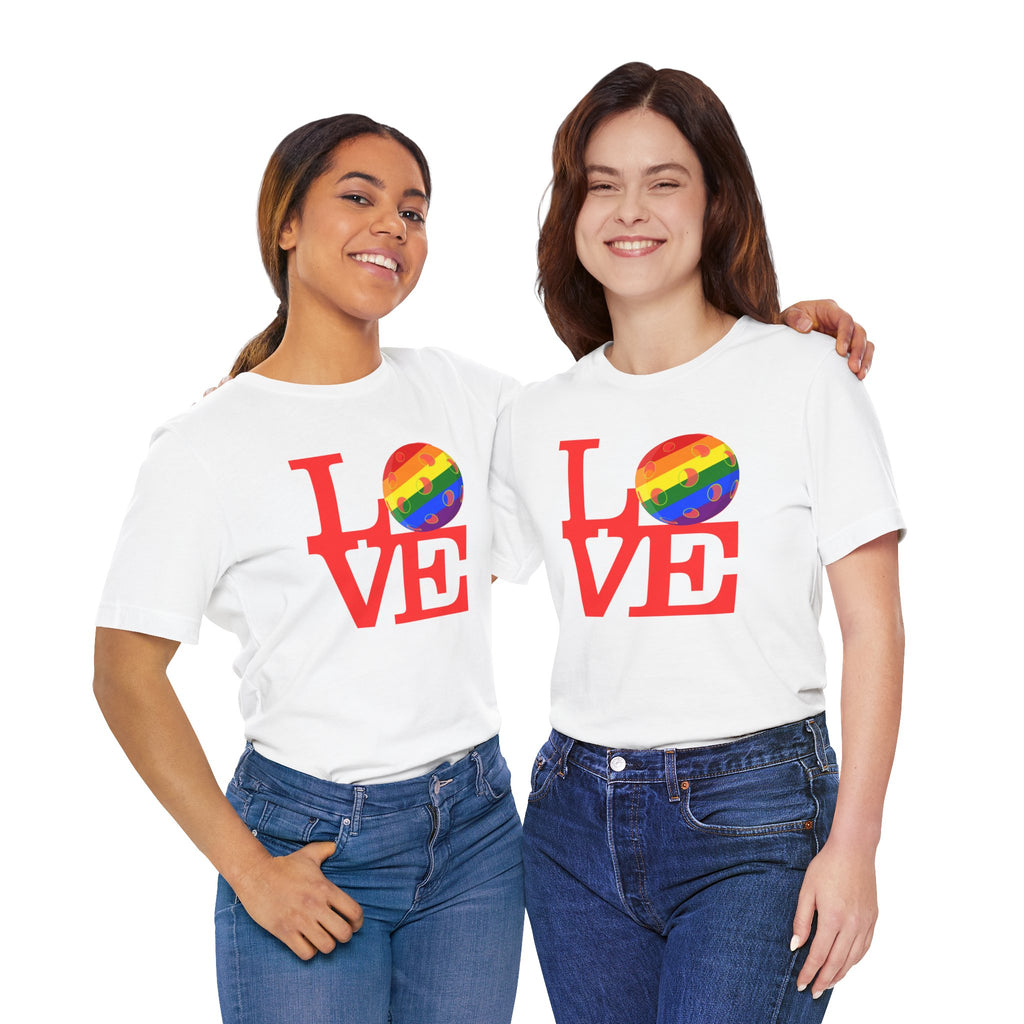 Colorful LOVE Pickleball Pride T-shirt by Printify featuring rainbow LGBTQ2 design on a casual unisex tee.
