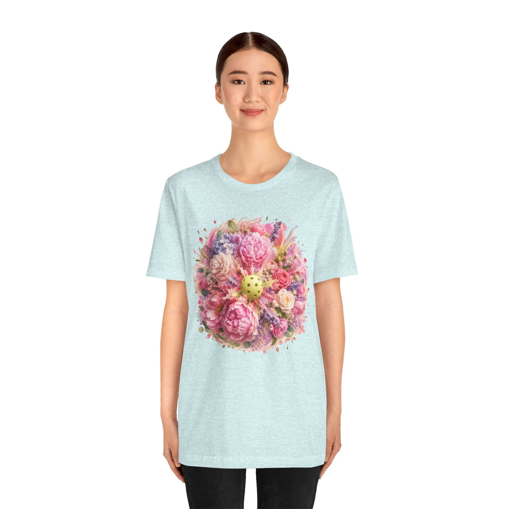 Unisex Peony Pickleball T-Shirt made of premium cotton, featuring a colorful pickleball design on a comfortable white tee.